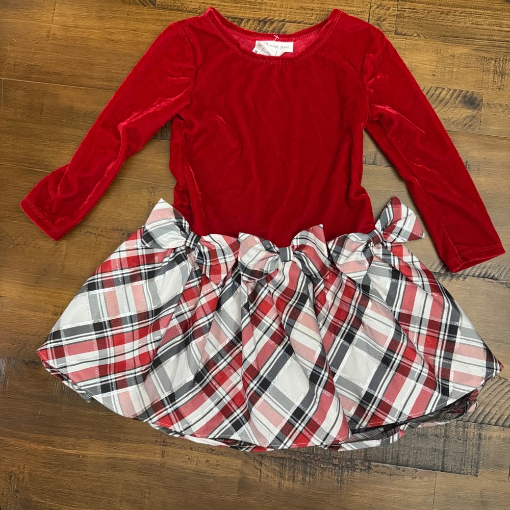 Bonnie‎ Jean Girls Red Velvet Plaid Dress Size 4T Holiday Christmas Party
